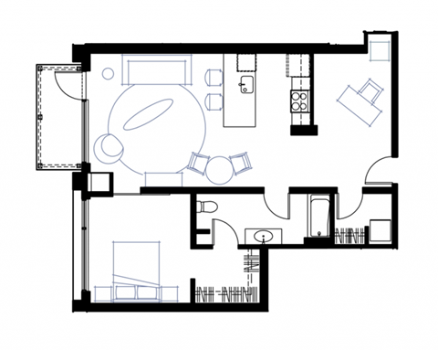 Floor plan for 1 bed, 1 bath, 870 sqft